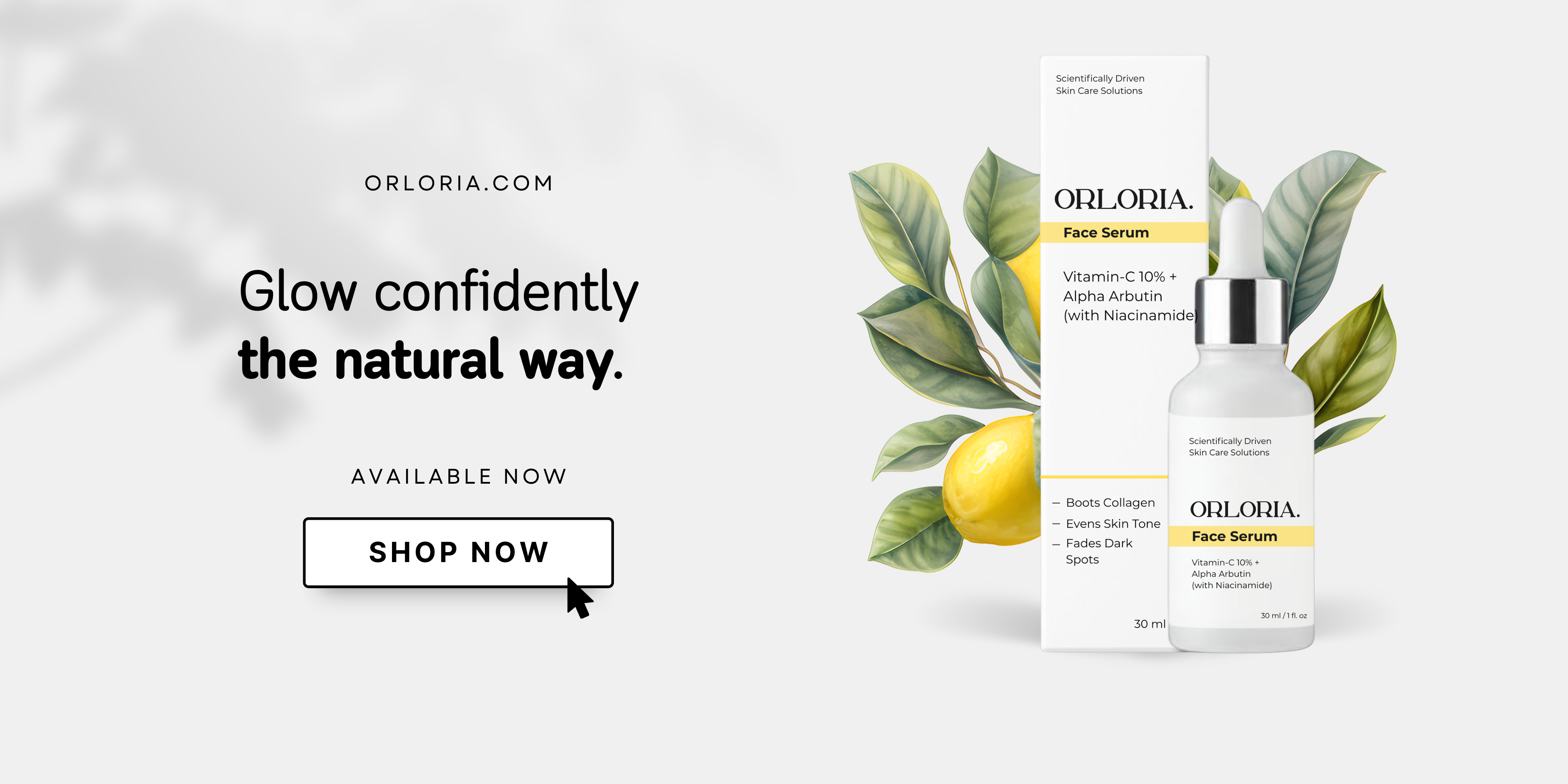 Oloria face serum packaging with lemon and leaf design on a white background
